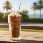 A refreshing cold coffee drink in a clear glass, with ice cubes and a straw, set against a sunny outdoor background.