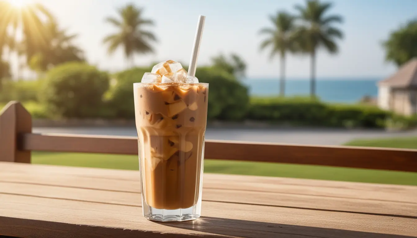 A refreshing cold coffee drink in a clear glass, with ice cubes and a straw, set against a sunny outdoor background.