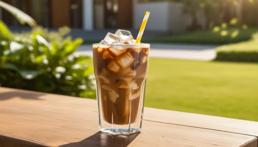 A refreshing cold coffee drink in a clear glass, with ice cubes and a straw, set against a sunny outdoor background.