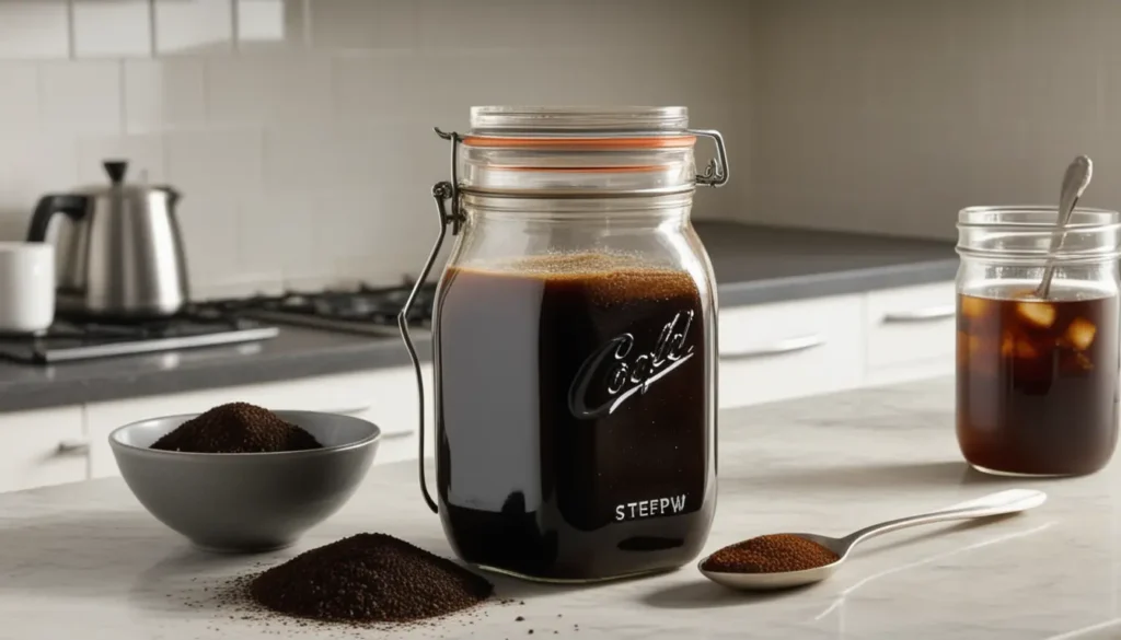 A jar of cold brew coffee steeping, with coarse coffee grounds and a spoon next to it, on a kitchen countertop.