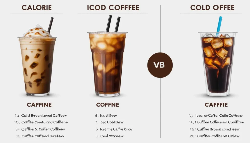 A comparison chart showing the calorie content and caffeine levels of iced coffee and cold brew.